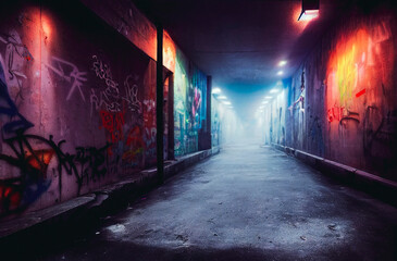 Dark, futuristic cyberpunk city street with graffiti and smog at night. Dystopia. 3D illustration. - 528767113