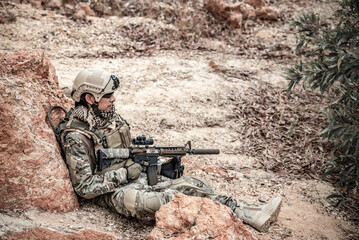 Fototapeta premium Soldiers of special forces on wars at the desert,Thailand people,Army soldier Patrolled the front line