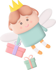 Cute Little Fairy with Gift Box 3D Icon Graphic Illustration on Transparent Background