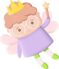 Cute Little Fairy with Magic Wand 3D Icon Graphic Illustration on Transparent Background