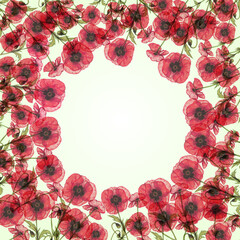 Postcard 1x1, banner framed with botanical composition of red semitransparent flowers and leaves. Space for text. Pencil drawing by hand. Poppies, on a light background in x-ray light.