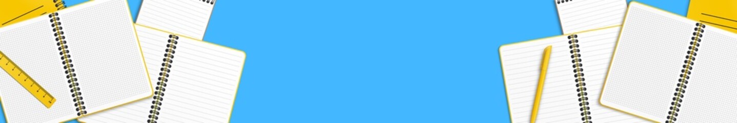 Back to school concept. Illustration on a blue background. On the table are open and closed notebooks or notepad, a pen and a ruler arranged randomly. Place for text. Flat lay. Copy space.