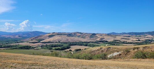 Panorama of a hilly landscape.