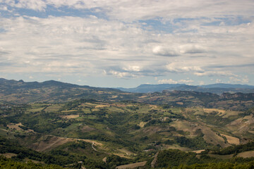 Panorama of a hilly landscape.