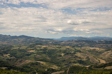 Panorama of a hilly landscape.