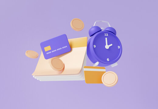 Account book bank with alarm clock floating on purple pastel background transaction appointment concept. tax payments, saving money, deposit, minimal cartoon style. 3d render illustration