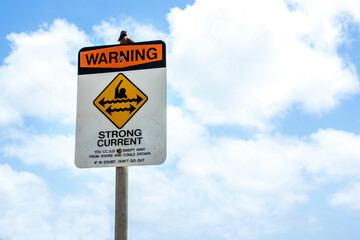 beach safety signs with strong current warning text. vector illustration