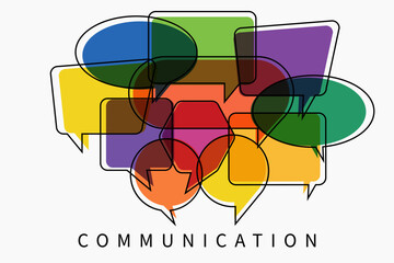 Word communication with colorful multicolored dialog speech bubbles. Vector illustration of communication concept on white isolated background. Flat style. Speak english.