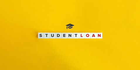 Student Loan Banner. Block Letter Tiles on Yellow Background. Minimal Aesthetics.