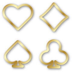 Gold icons symbols of playing suits. Hearts, spades, diamonds and clubs on a white background. Vector illustration. For playing poker or for a casino.