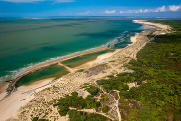 Aerial shot of the Atlantic coastline in Gironde, France