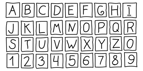 Abstract vector doodle scribble sketch alphabet. Letters and numbers.