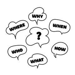 Communication inclusion people concept. Question who, what, how, why, for what and where. Vector illustration. Speak english. Think about. Doodle vector illustration on white background.
