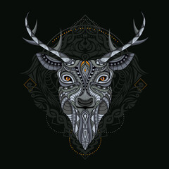 Stylized deer in ethnic vector black background