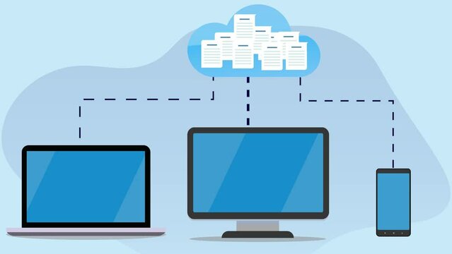 
Cloud computing Animation concept with Devices connected to the storage cloud. Transfer Files, database and digital information between Computer, laptop and Smartphone.	