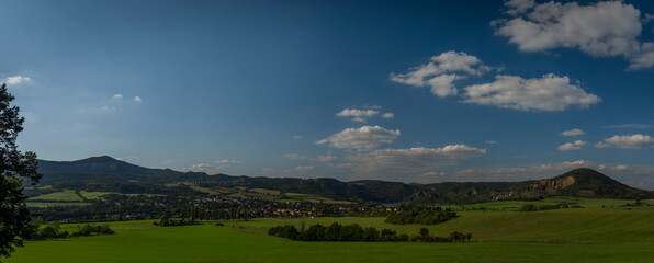 View from Varhost hill and lookout tower there for Ceske Stredohori mountains