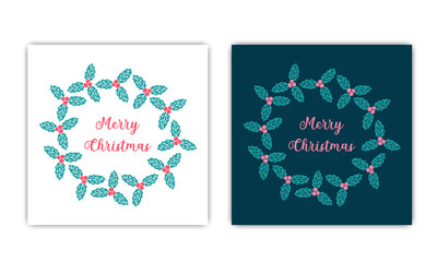 Merry Christmas greeting cards set. Text inside round frame. Decorative wreath with holly leaves and berries. Cute Christmas border isolated on white and dark background. Vector illustration