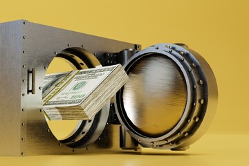 the concept of storing cash in a safe. paper dollars in an open safe. 3d render