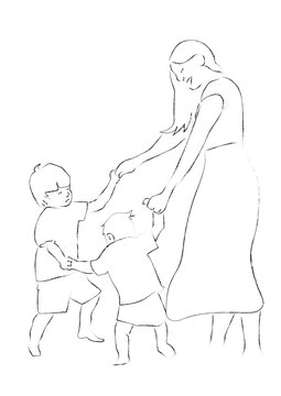 mother and little children dancing holding hands drawn design style minimal vector illustration