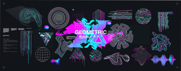 Holographic Retro futuristic 80s-90s
style. Cyberpunk concept. Shapes design elements, Retrofuturism style. Abstract objects and forms with glitch.