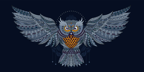 Stylized owl in ethnic vector dark background
