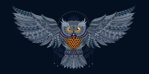 Fotobehang Uiltjes Stylized owl in ethnic vector dark background