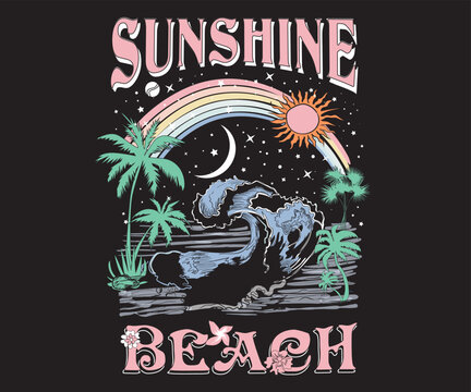 Beach night vintage vector artwork, Ocean wave sunshine t shirt design. Summer good vibes artwork for apparel and others. Long beach sticker.