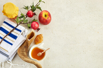 Rosh hashanah, jewish New Year holiday concept. Pomegranate, apples and honey traditional products for celebration - obrazy, fototapety, plakaty