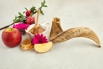 Rosh hashanah, jewish New Year holiday concept. Pomegranate, apples and honey traditional products...