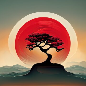 Traditional japanese tree picture paint illustration vintage with red sun symbol concept.