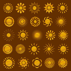Gold gradient sun icon set. Golden sun logo. Realistic sun