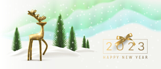 Happy new year vector postcard, banner. Golden deer in christmas background