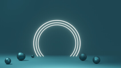 Green monochrome image of metallic spheres with glowing circle, 3d render