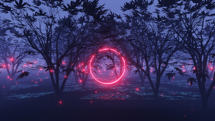 abstract mystical forest in the dark with fog and  glowing objects, 3d render