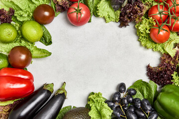 Fresh ripe fruits and vegetables. Food concept background. Healthy organic food, diet concept. Top view, copy space.