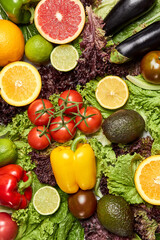 Assorted fresh ripe fruits and vegetables. Food concept, healthy organic food, diet concept. background. Top view? copy space.