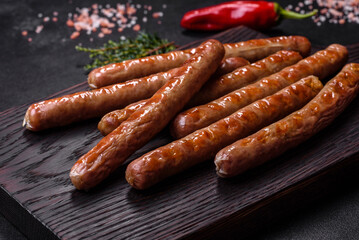 Grilled sausage with the addition of herbs and vegetables on the wooden cutting board