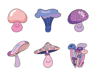 Neon groovy magic poison mushrooms, toadstool and amanita. Cartoon trippy bright mushroom. Cute fabulous smiling mushrooms. Flat surreal magic hippie fungus vector set