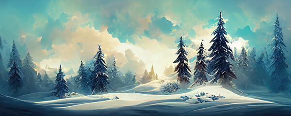 Winter day in forest with christmas trees and snow as illustration