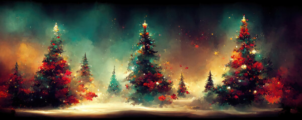 Fototapeta premium Colorful decorated christmas trees in winter landscape