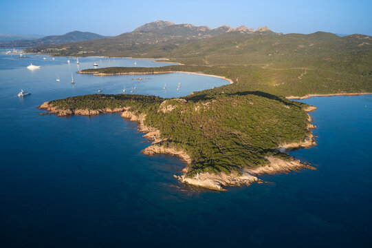 Aerial view of coastline of Sardinia beach, Italy. Panorama of the rocky shores of the island of Sardinia in Italy, aerial view. Aerial panorama of Grotta dei Cinghiali, Sardinia.