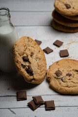 Chocolate chip cookies closeup on white wooden surface