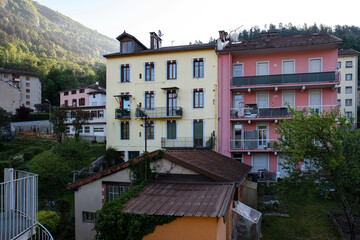 Architecture of coloured houses with balconies in the city of Saint Claude