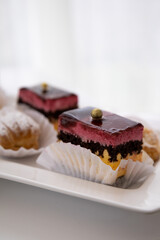 piece of delicious cake decorated with chocolate, sweet dessert, food in studio, pastry shop