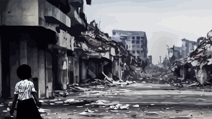 homeless little girl walking in destroyed city, war