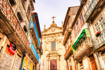 Typical City of Porto Street with Sao Bento Da Vitoria Church in the Background