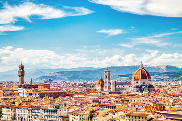 Fototapeta premium Florence Aerial View of Palazzo Vecchio and Cathedral of Santa Maria del Fiore with Duomo during Beautiful Sunny Day