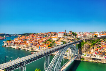 Porto Aerial Cityscape with Luis I Bridge and Douro River during a Sunny Day - obrazy, fototapety, plakaty