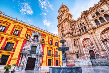 Fototapeta na wymiar Malaga Cathedral from Plaza Del Obispo at Sunrise with Blue Sky, Malaga, Andalusia