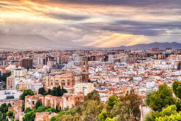 Fototapeta na wymiar Malaga Old Town Aerial View with Malaga Cathedrat at Sunset